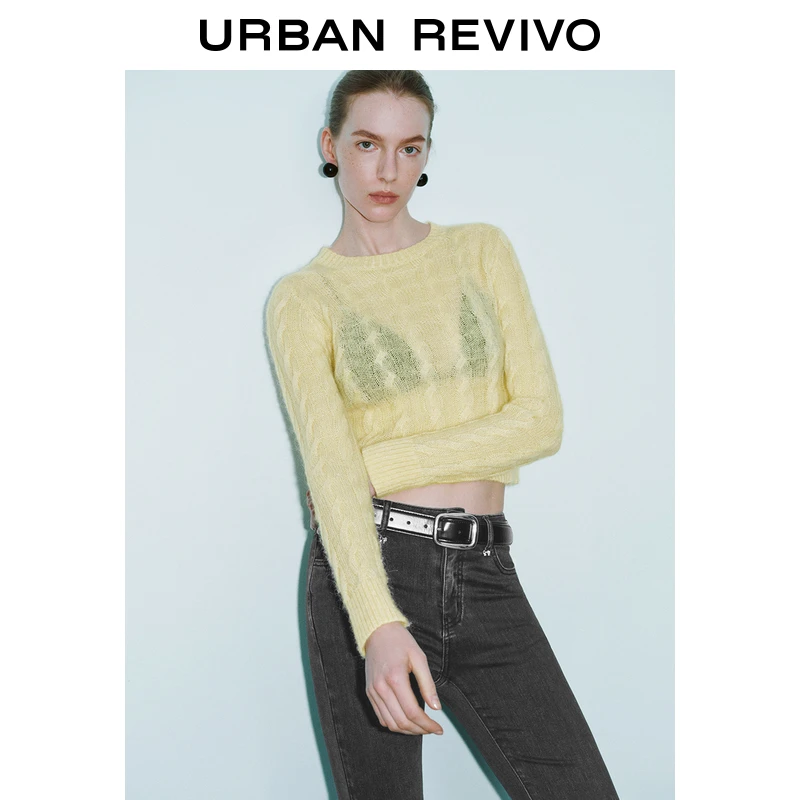 UR2025秋季新款女装慵懒休闲短款圆领长袖针织衫UWG950027