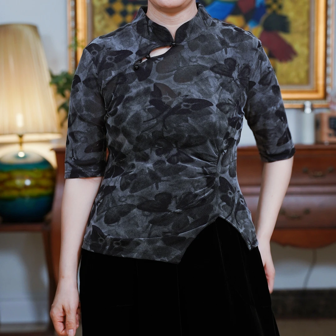 『蝶韵』复古中国风立领气质修身显瘦打底上衣-A5T6869