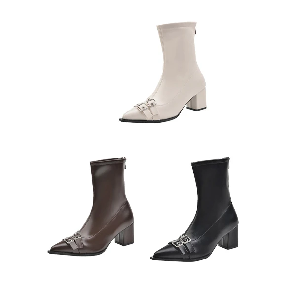 欧美个性皮带扣尖头粗跟气质时尚短靴T