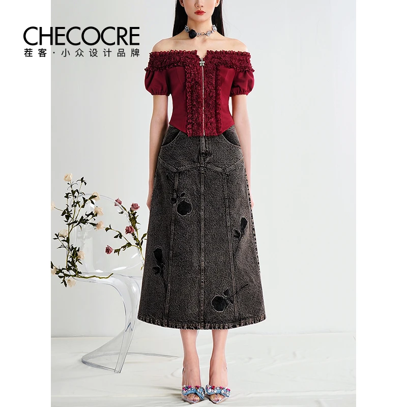 茬客时尚气质套装裙一字肩蕾丝针织上衣刺绣牛仔半裙CM490660AB