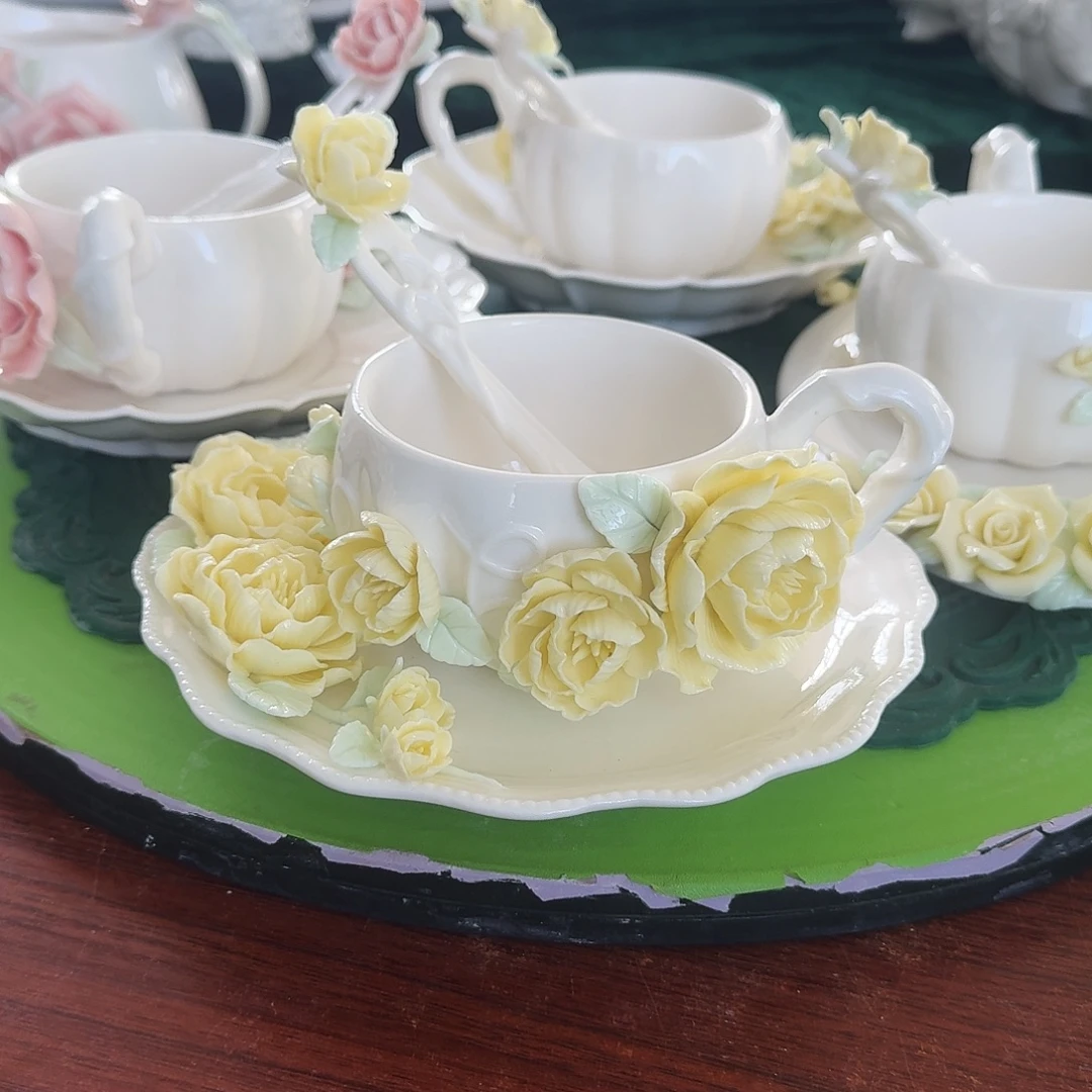 牡丹花咖啡杯碟加勺子