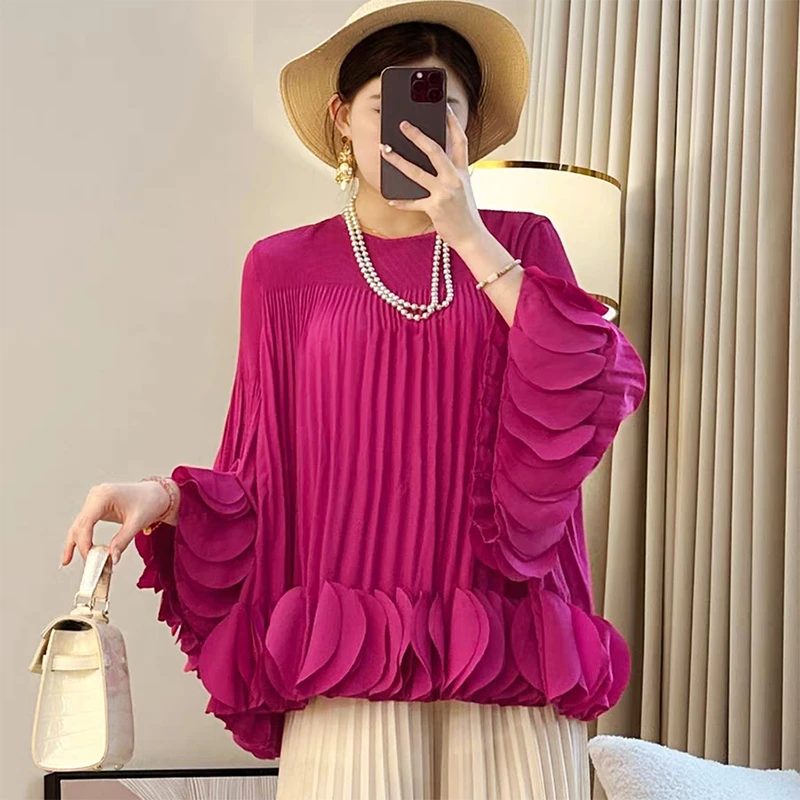 2025春秋新款手摇花重工褶皱上衣洋气减龄宽松大码女装T恤DCT1901