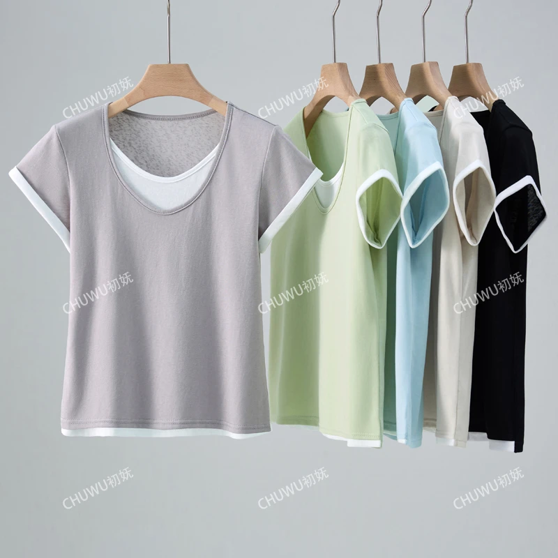 【冰爽夏日莱赛尔】假两件仙女风夏季透气凉感修身百搭圆领纯色T恤