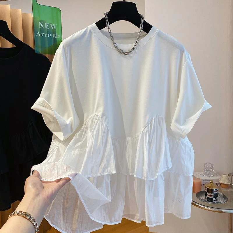 大码胖mm2-300斤短袖T恤拼接蓬蓬娃娃衫上衣女夏季宽松洋气小衫潮
