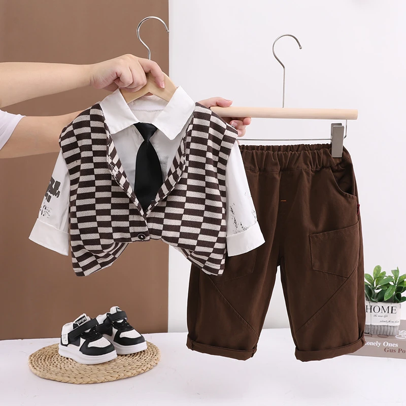 男童春秋季礼服三件套0-1-2-3-4岁儿童休闲洋气领带衬衫宝宝童装