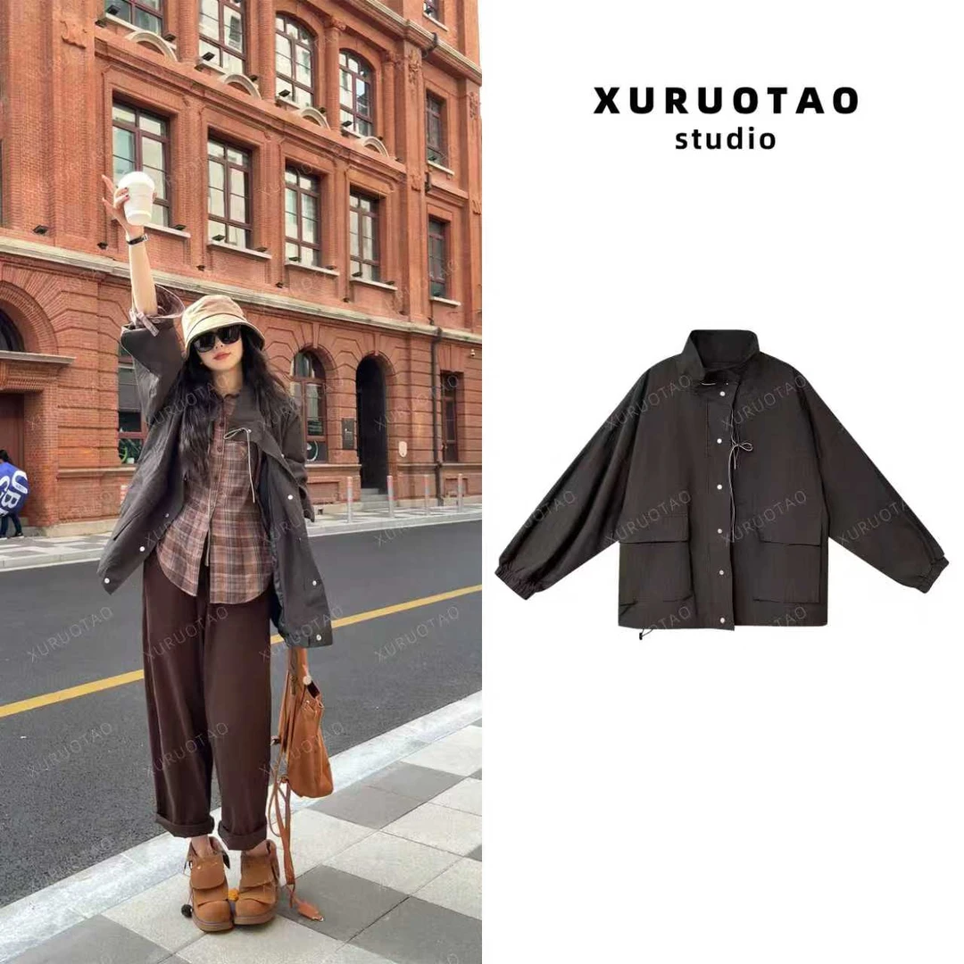 XURUOTAO【伦敦秀场】棉感百搭高级设计感显瘦灰棕色外套 T5520