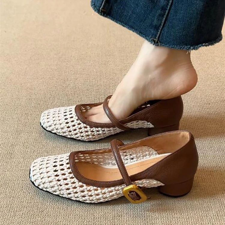 超软皮~复古真皮方头编织镂空玛丽珍鞋女浅口方头粗跟一字带凉鞋