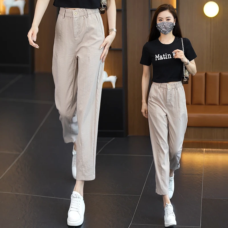 天丝棉麻裤子女2025夏季薄款高腰显瘦小个子直筒哈伦裤休闲九分裤