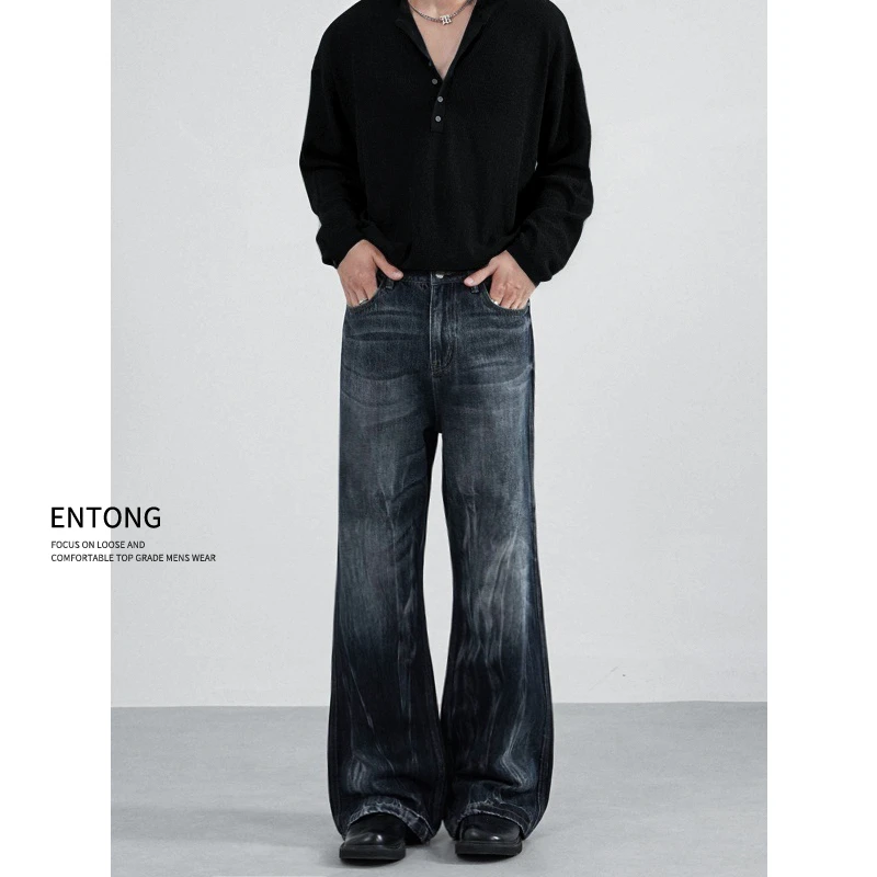 Entong美式水洗vintage微喇牛仔裤男春秋款cleanfit宽松休闲裤子