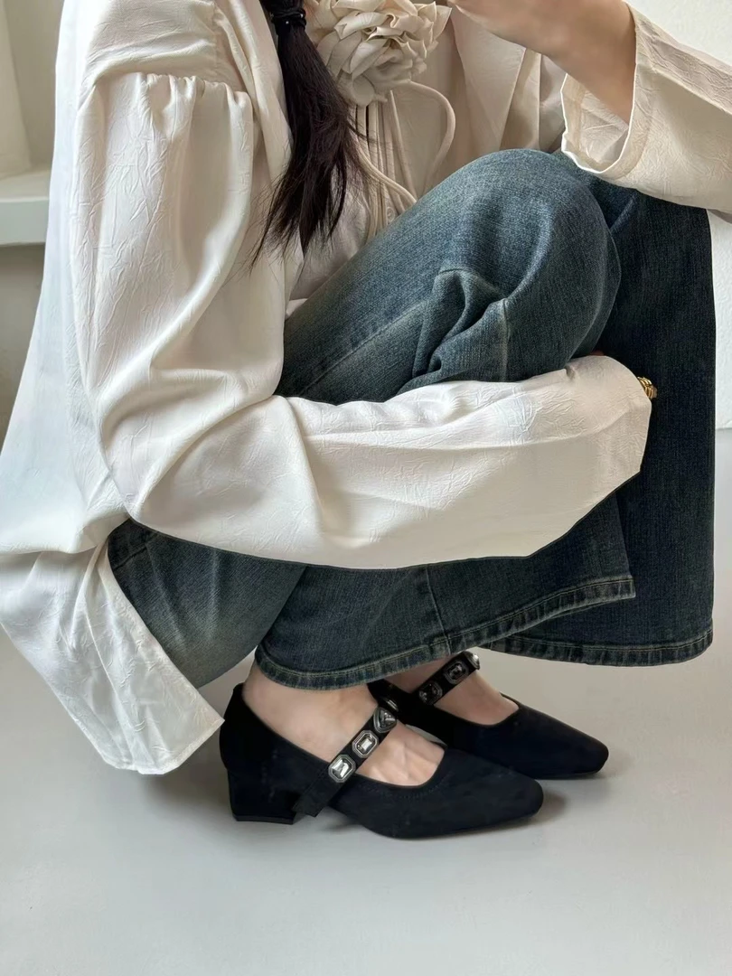 方头粗跟单鞋女2025春季新款女鞋法式浅口玛丽珍鞋高跟鞋黑色鞋子