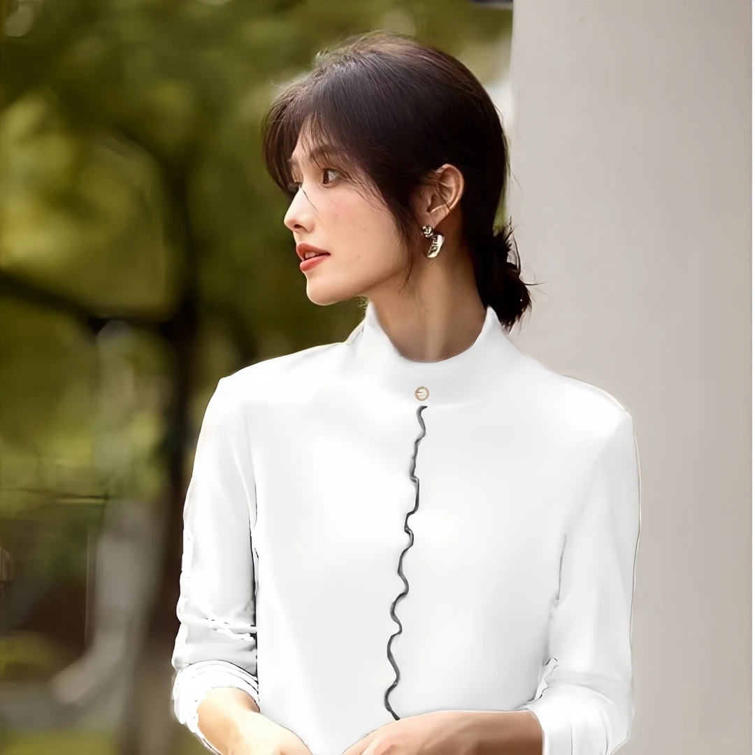 长袖耐磨半高领T恤时尚修身白色纯色春季打底衫立领秋冬秋季