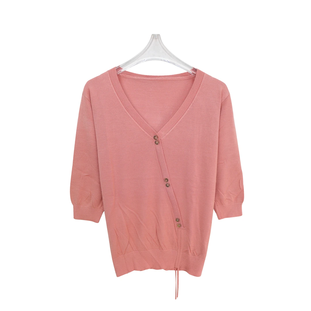 J03449【夏季新款】时尚橘红色色V领抽绳纯色纽扣短袖