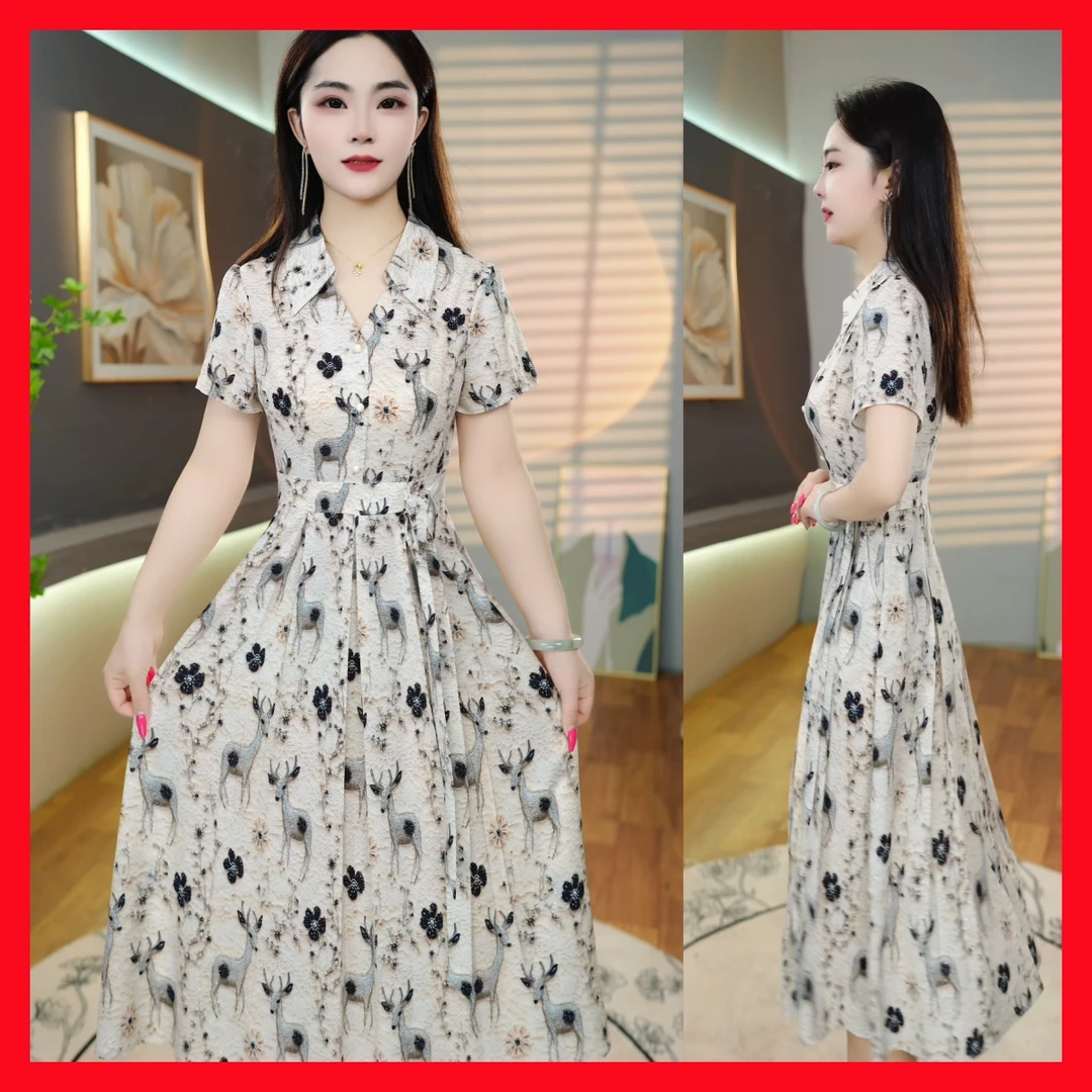 [连衣裙]922夏季新款时尚连衣裙女气质大方印花遮肉显瘦中长款裙