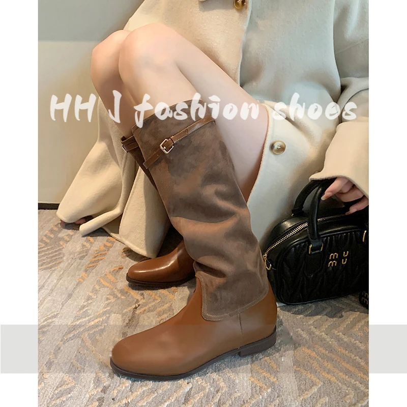 焦糖栗子~皮带扣复古高筒西部靴子女中筒圆头瘦瘦堆堆时装长筒靴