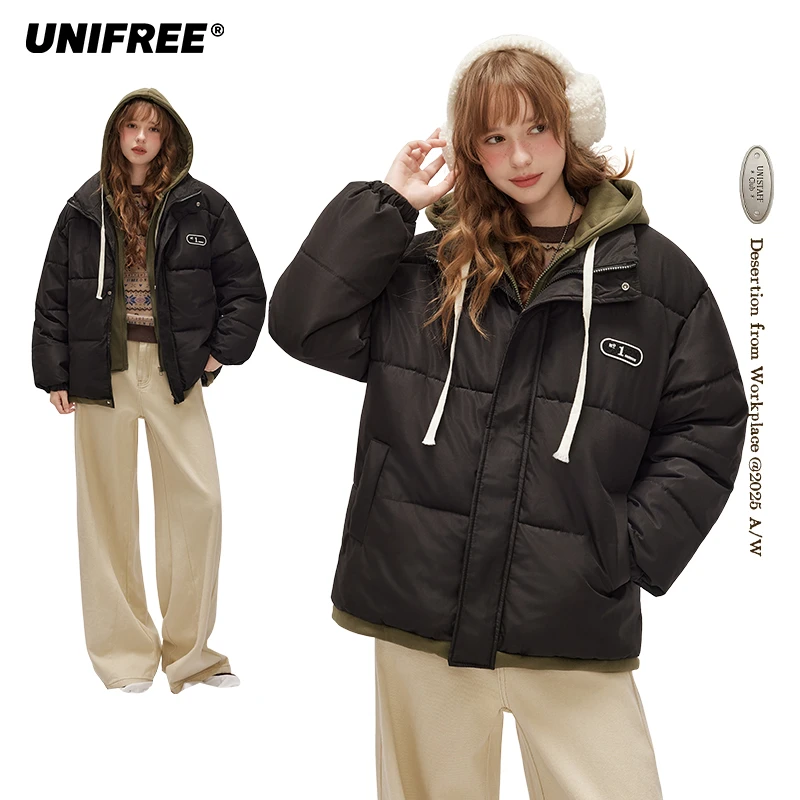 UNIFREE条纹黑色棉服女秋冬新款保暖减龄潮酷连帽学院风宽松外套