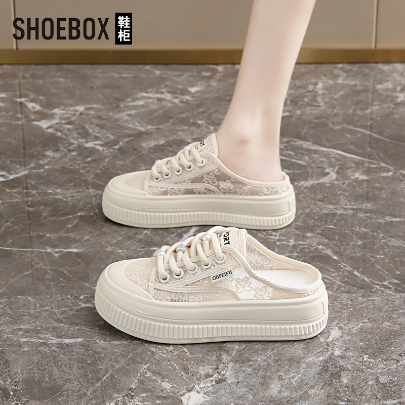 SHOEBOX鞋柜网面包头凉拖女夏外穿2025春季新款超火半拖小白鞋