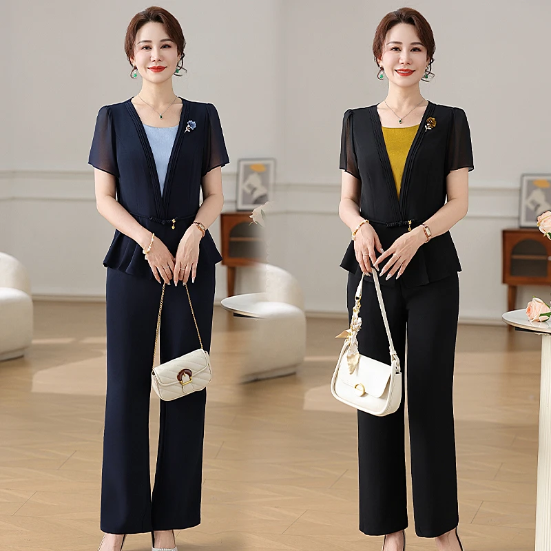 中年妈妈夏季雪纺短袖套装时尚气质中老年女新款上衣裤子两件套