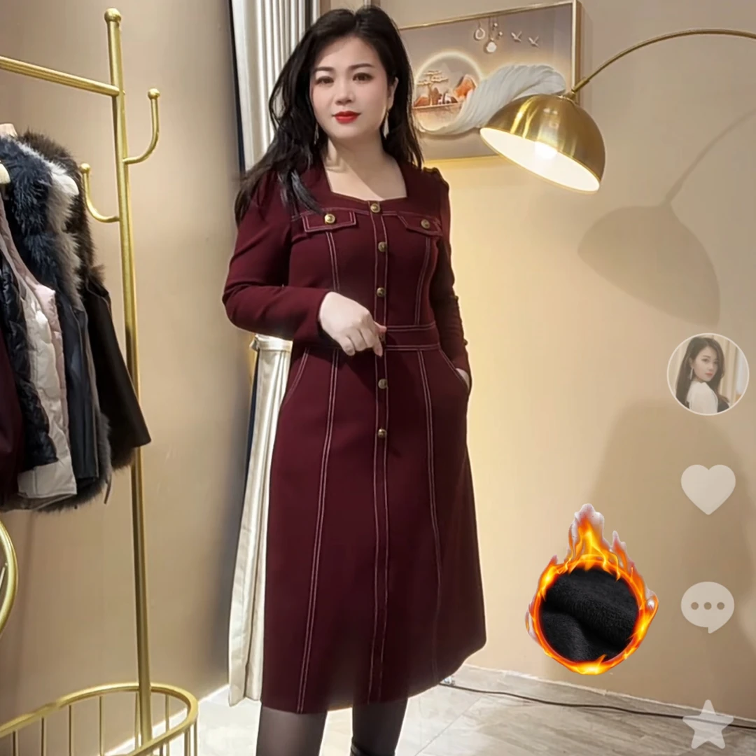 【俊端推荐】新款冬季磨毛气质时尚拼接显瘦法式赫本风连衣裙女士