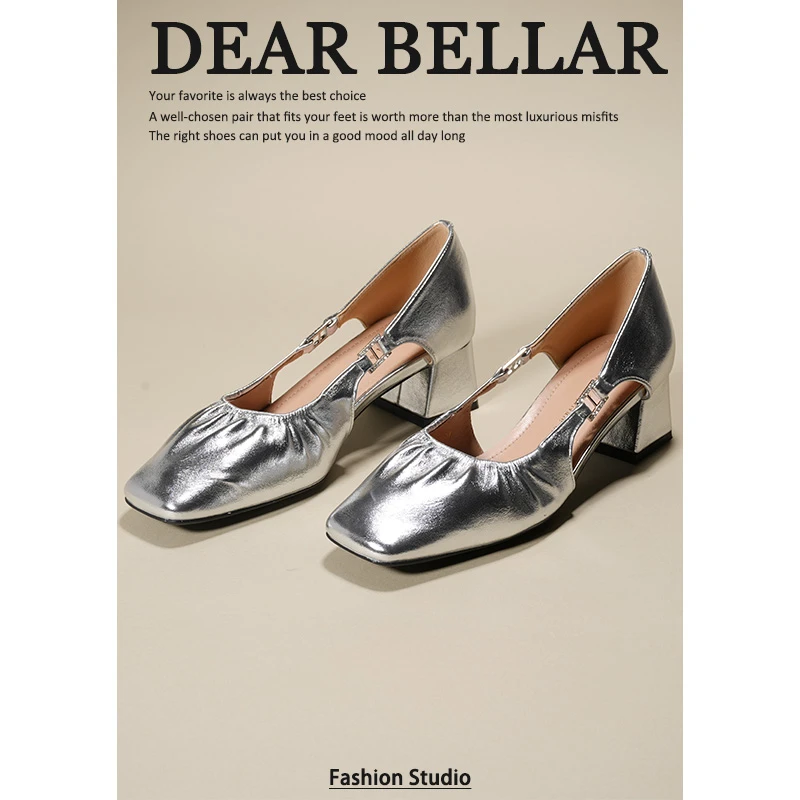 法式方头银色浅口中跟气质单鞋女2025新款真皮褶皱浅口粗跟高跟鞋