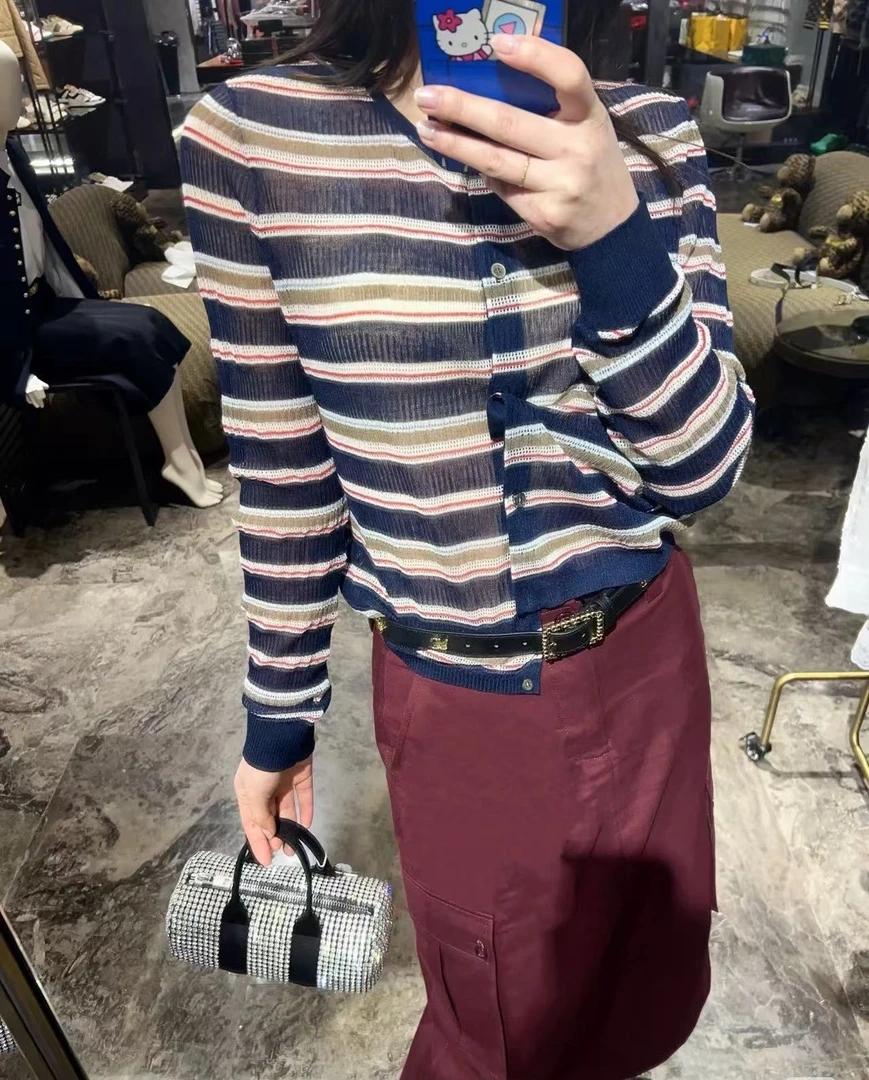 撞色条纹针织薄款开衫上衣NYN-5426