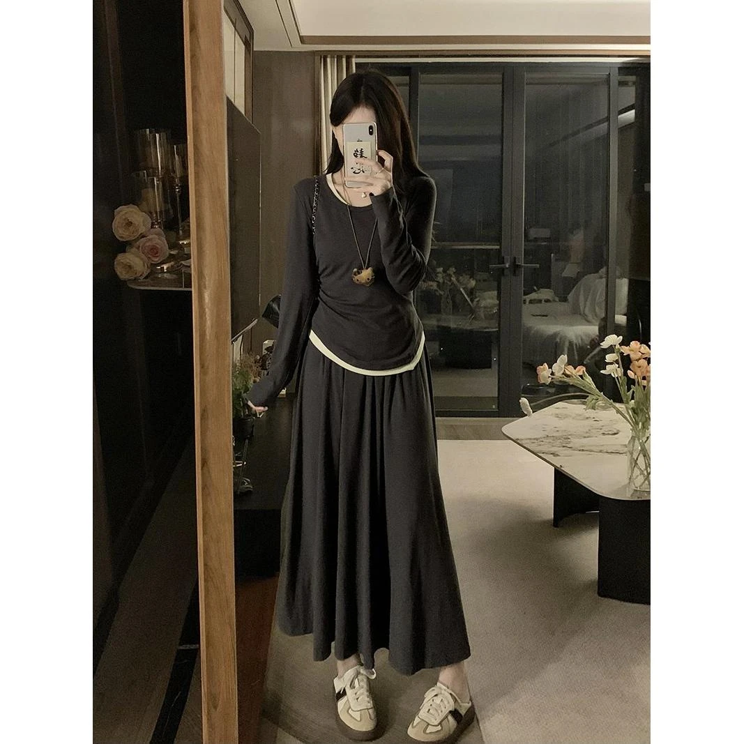 【窈窕淑女】大码显瘦气质套装女新款灰色半身裙长袖高级感套装长裙