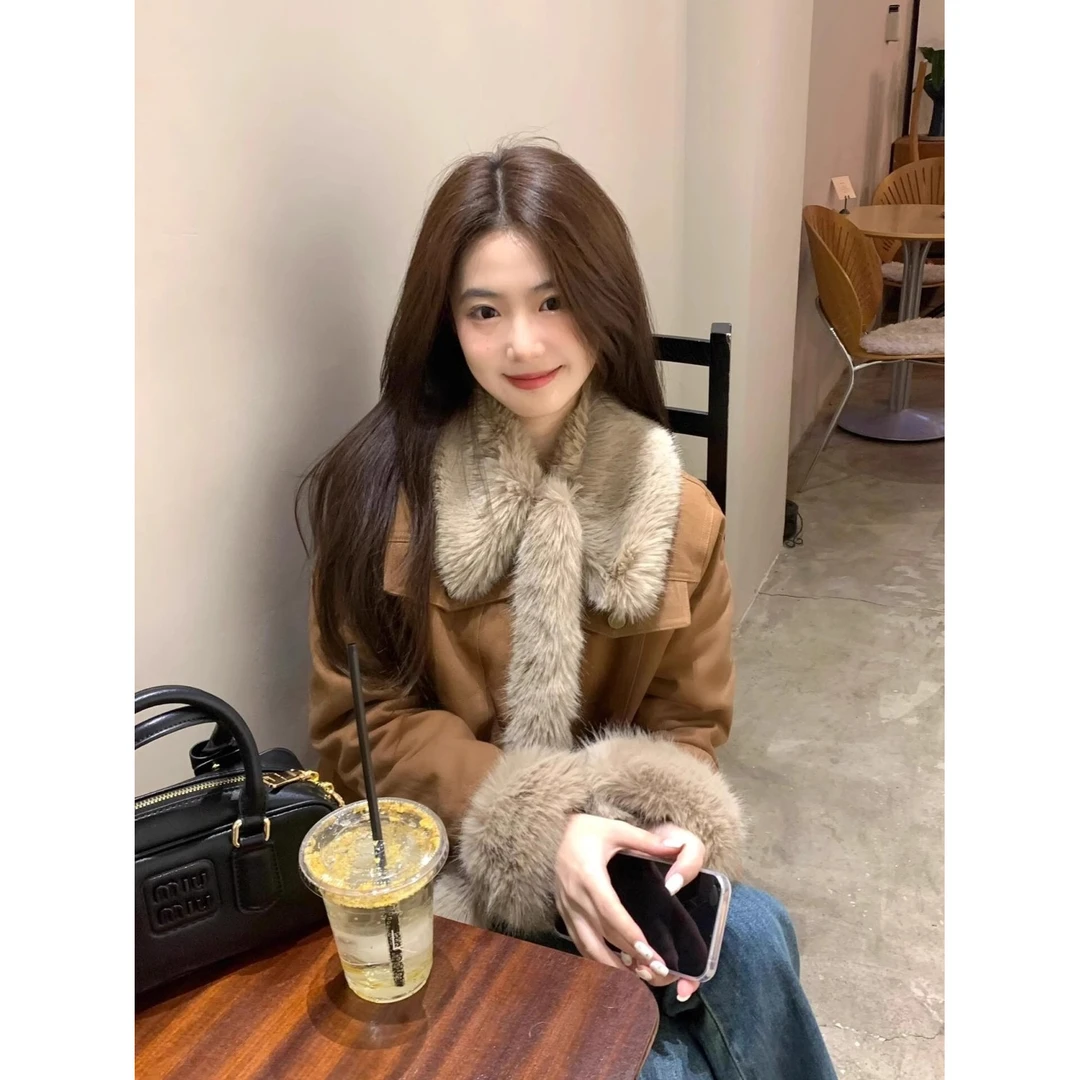 英伦美拉德复古棕色毛茸茸外套女冬季2025新款高级感拼接毛毛上衣