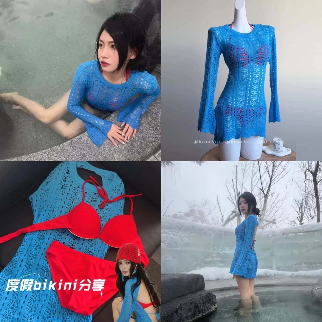 新款蓝红撞色复古外衫红色比基尼钢托聚拢小胸泳衣温泉海边