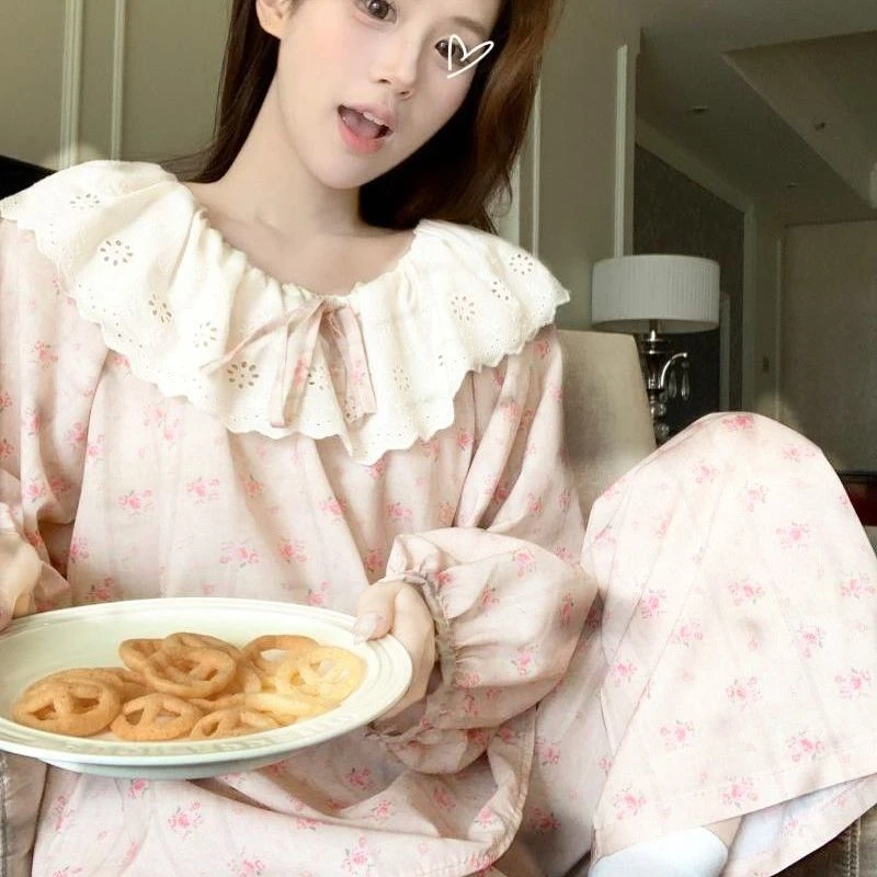 小清新甜美风睡衣套装女秋季2025新款公主风拼接蕾丝家居服两件套