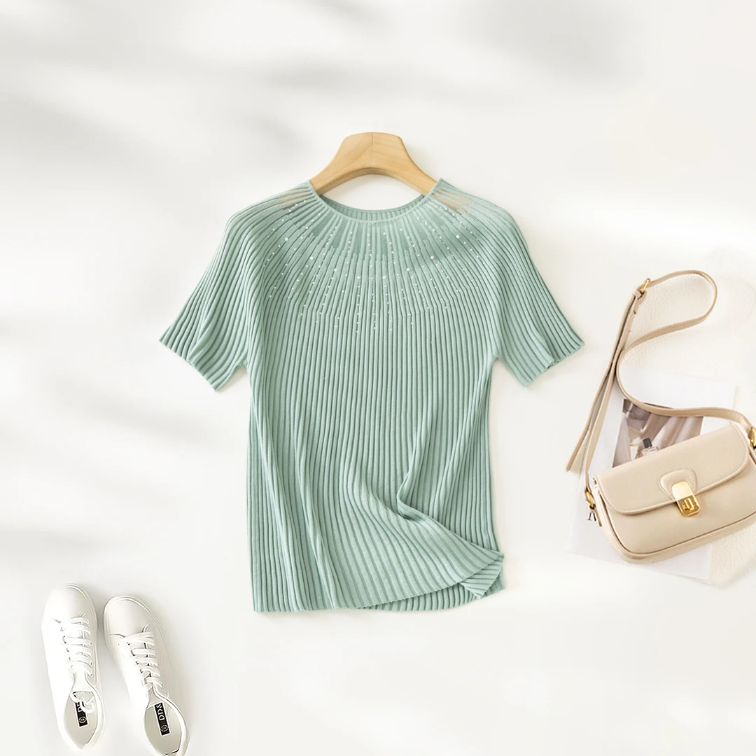 shulanduo/数兰朵含桑蚕丝透气显瘦圆领上衣 薄款时尚气质短袖