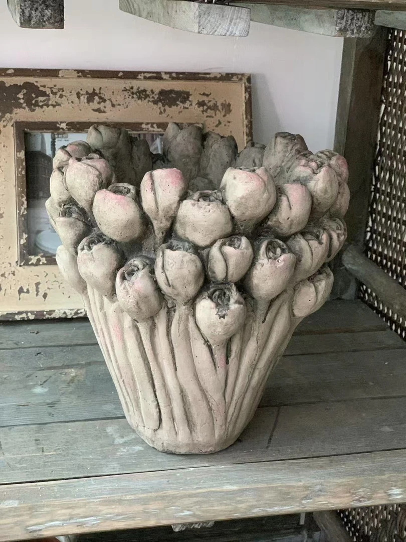 【那里花止】水泥做旧立体郁金香花朵盆 花园摆件 多肉草花花盆