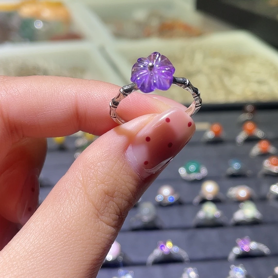 手链水晶未镶嵌紫水晶花节节高925开口戒指