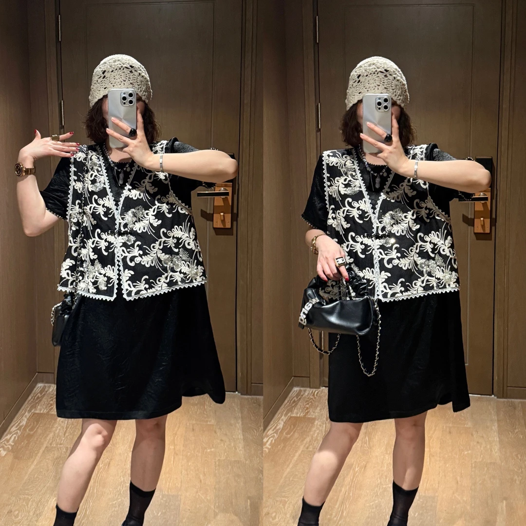 YDFSTUDIO小众【视觉格调】欧货高品假两件刺绣拼接设计时尚连衣裙