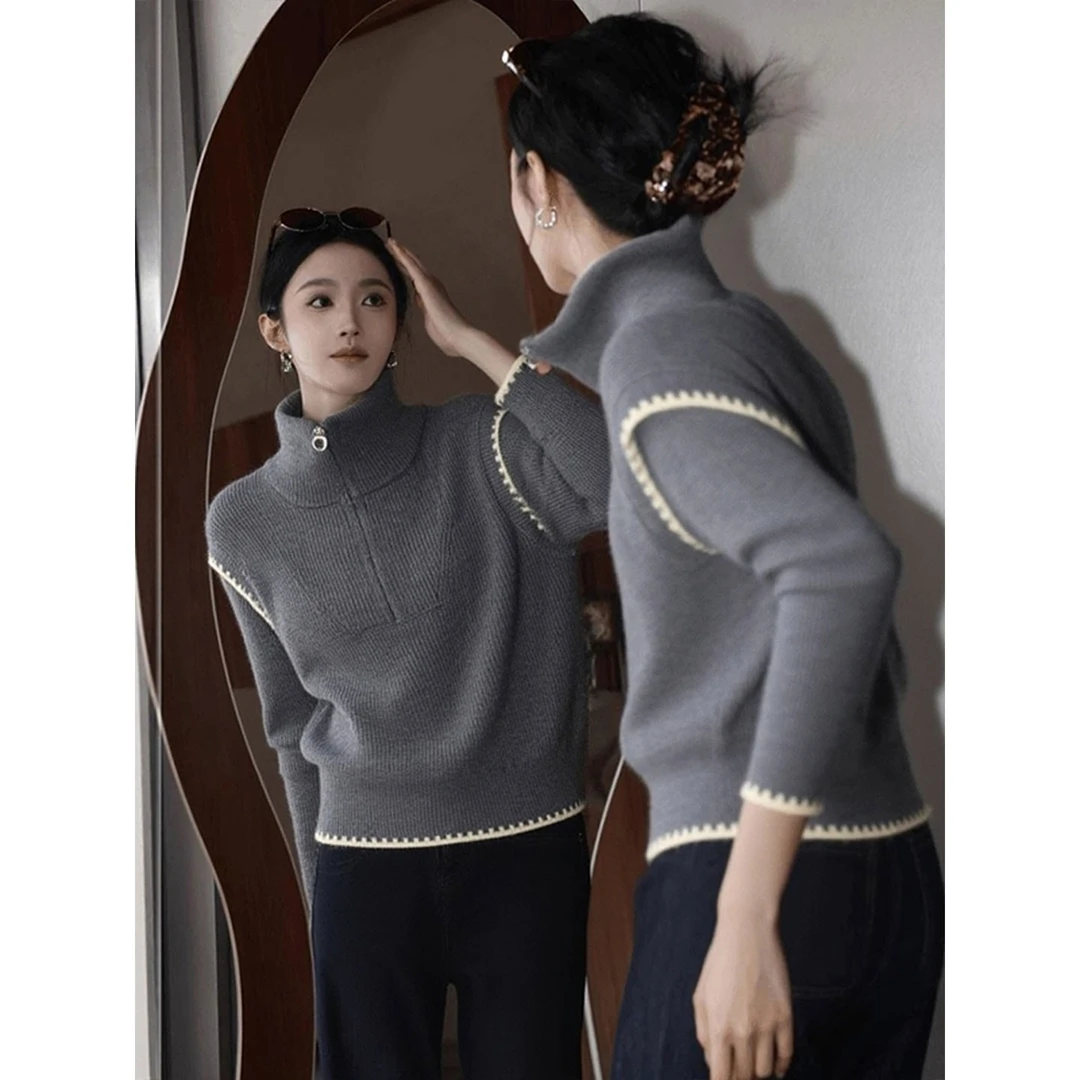 冬季时尚百搭通勤毛衣巨好看独特漂亮慵懒风灰色半拉链高领针织衫