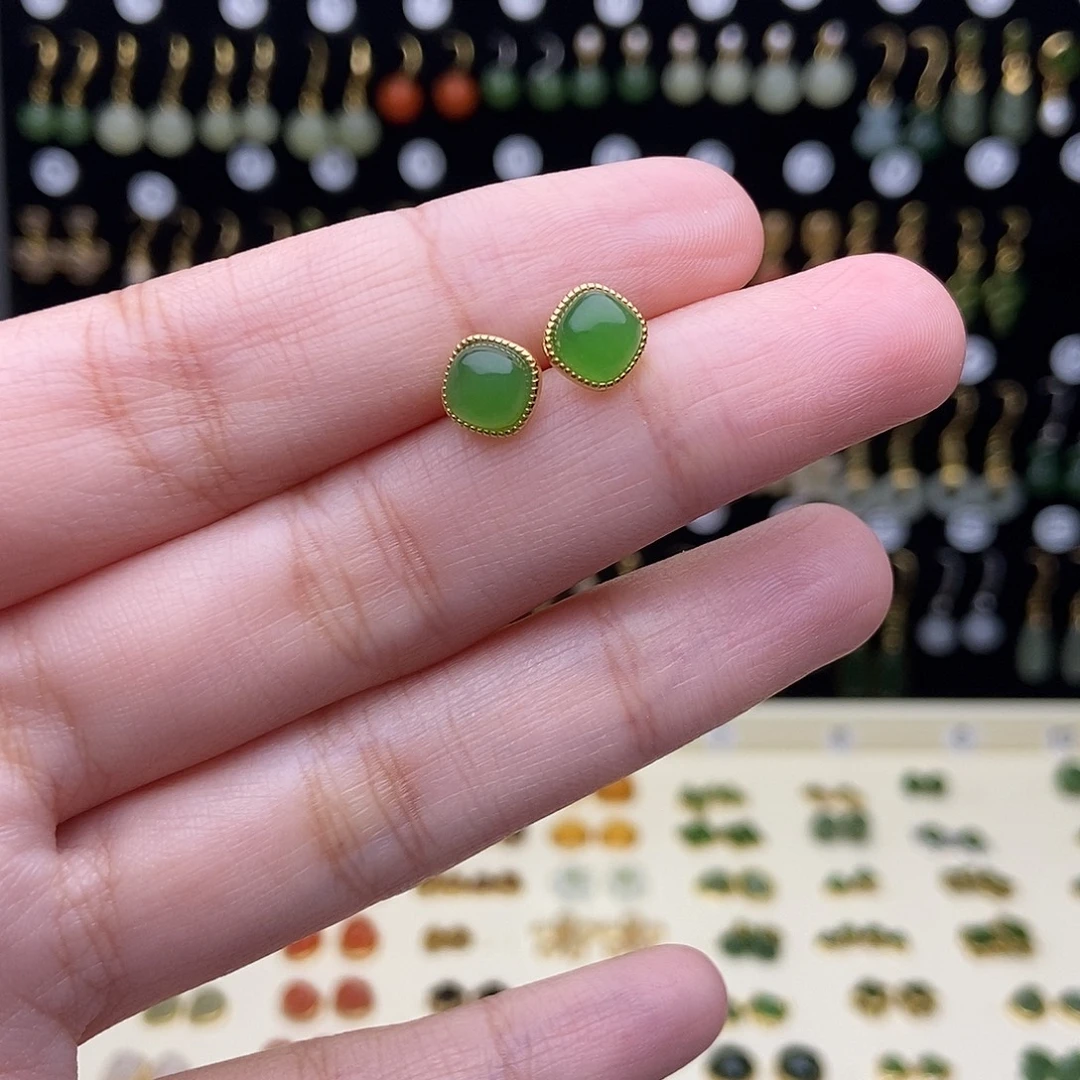 和田玉银S925镀金镶嵌耳饰