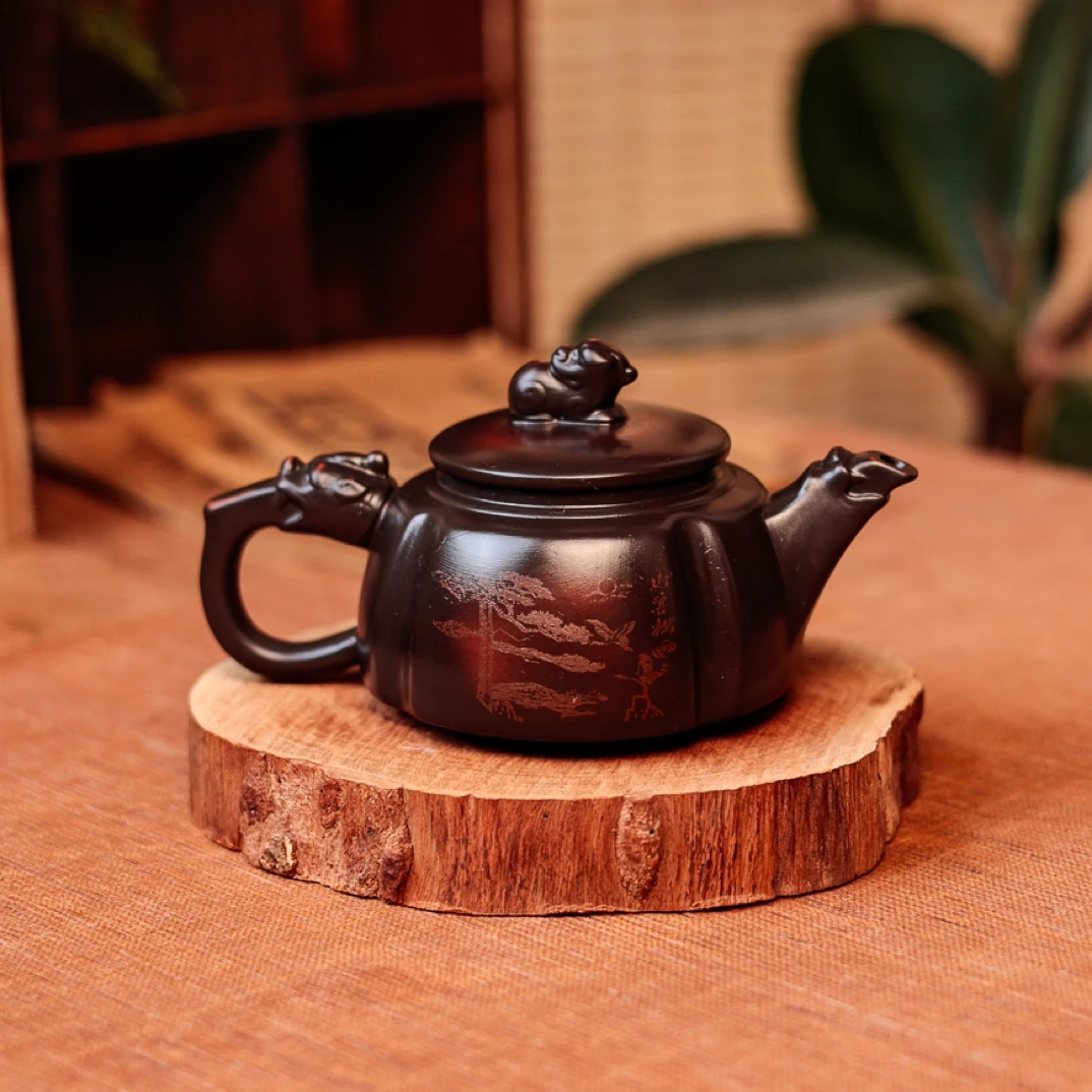 原矿紫陶手工刻绘迎客松四方龙尊凤鸣壶高端家用泡茶器功夫家具