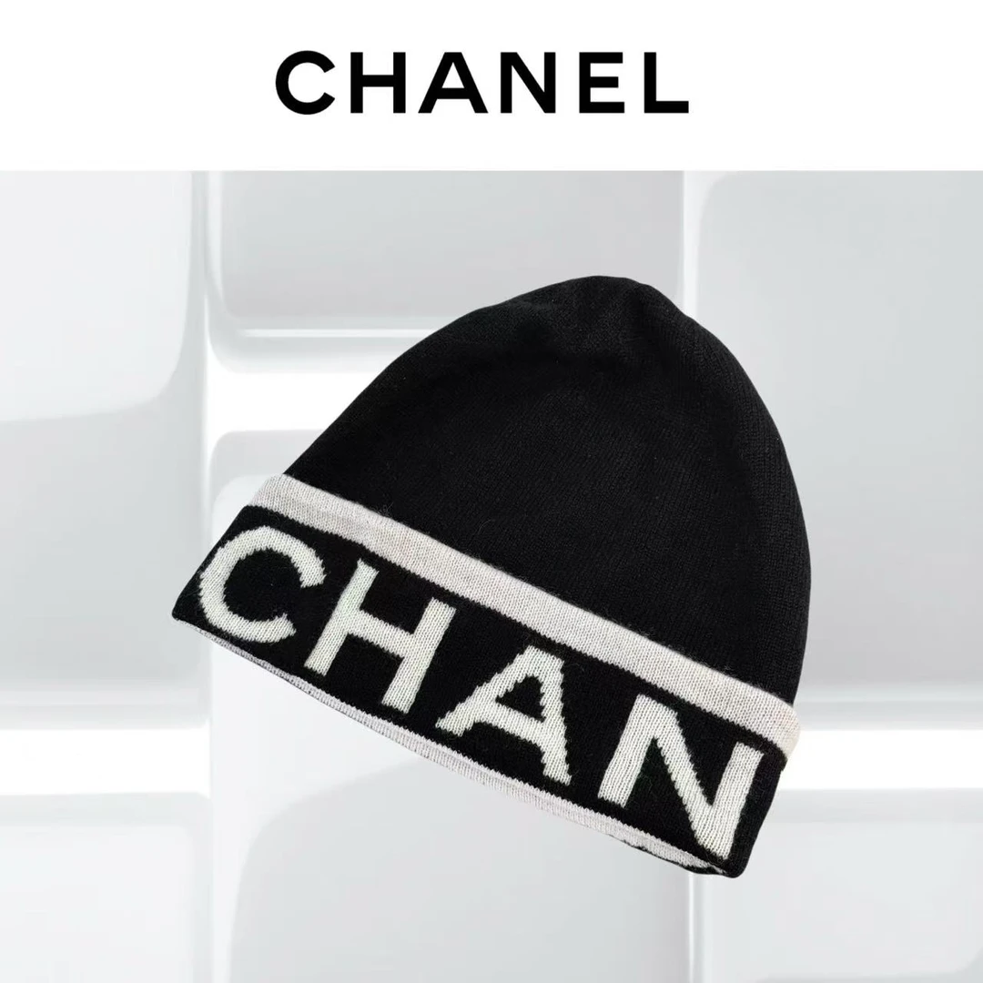 99新 Chanel/香奈儿 24A黑白字母logo羊绒冷帽，头围55-60cm