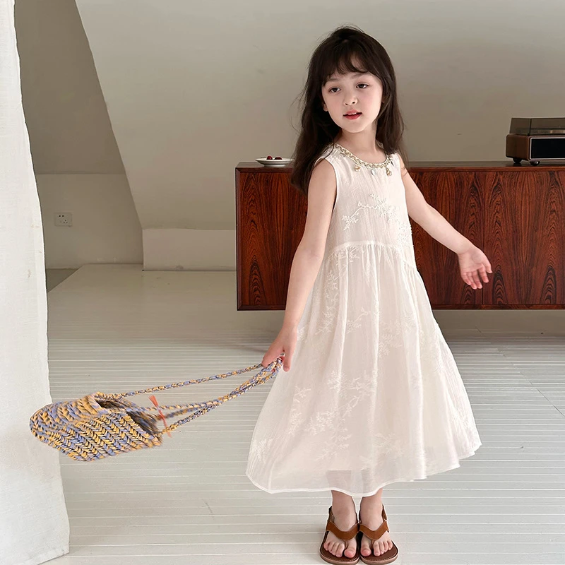 【重磅款】女童度假风连衣裙质感条绣花公主背心裙25E026