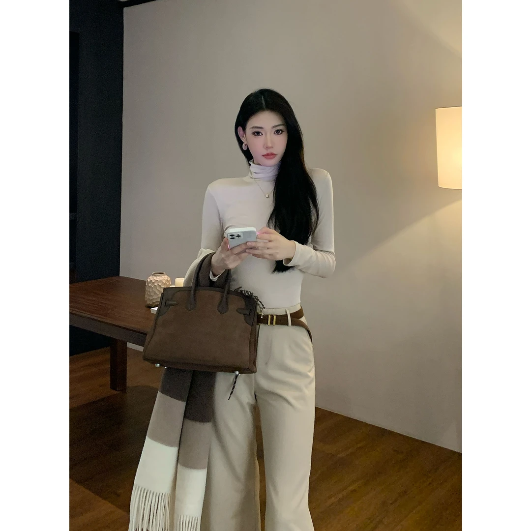 JIJINQI秋款气质显瘦修身上衣半高领百搭收腰针织长袖JC12SZXL465