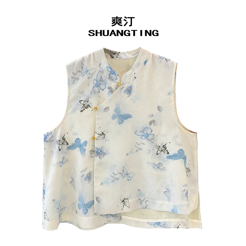 Jokara/丘可儿【静昀】新中式斜襟蝴蝶印花马夹上衣显白无袖马甲