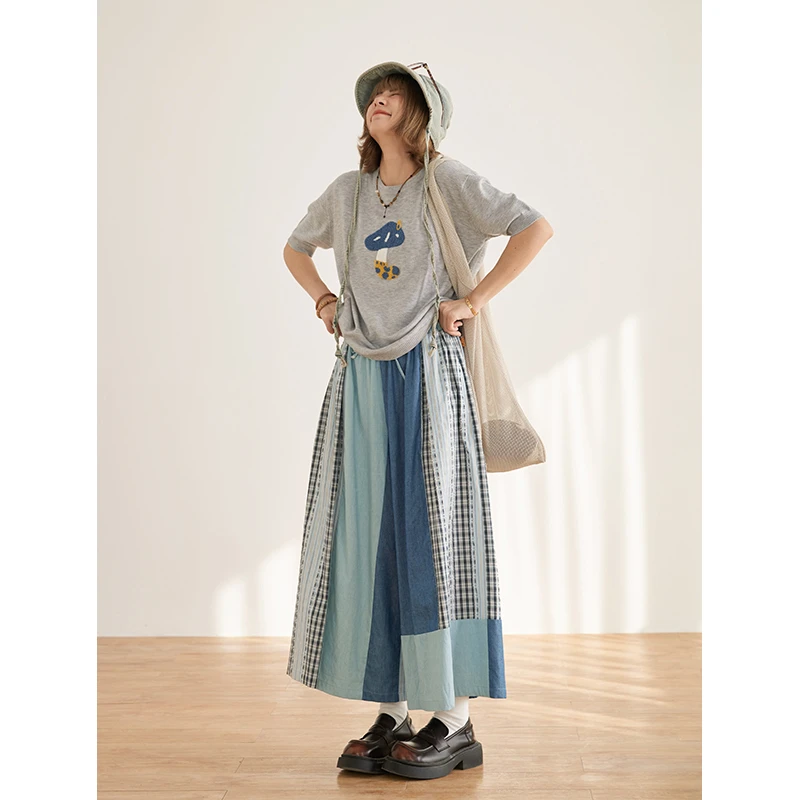 【芋总专属】KZ08035日系格子拼接休闲阔腿九分裙裤hothorse/火山马