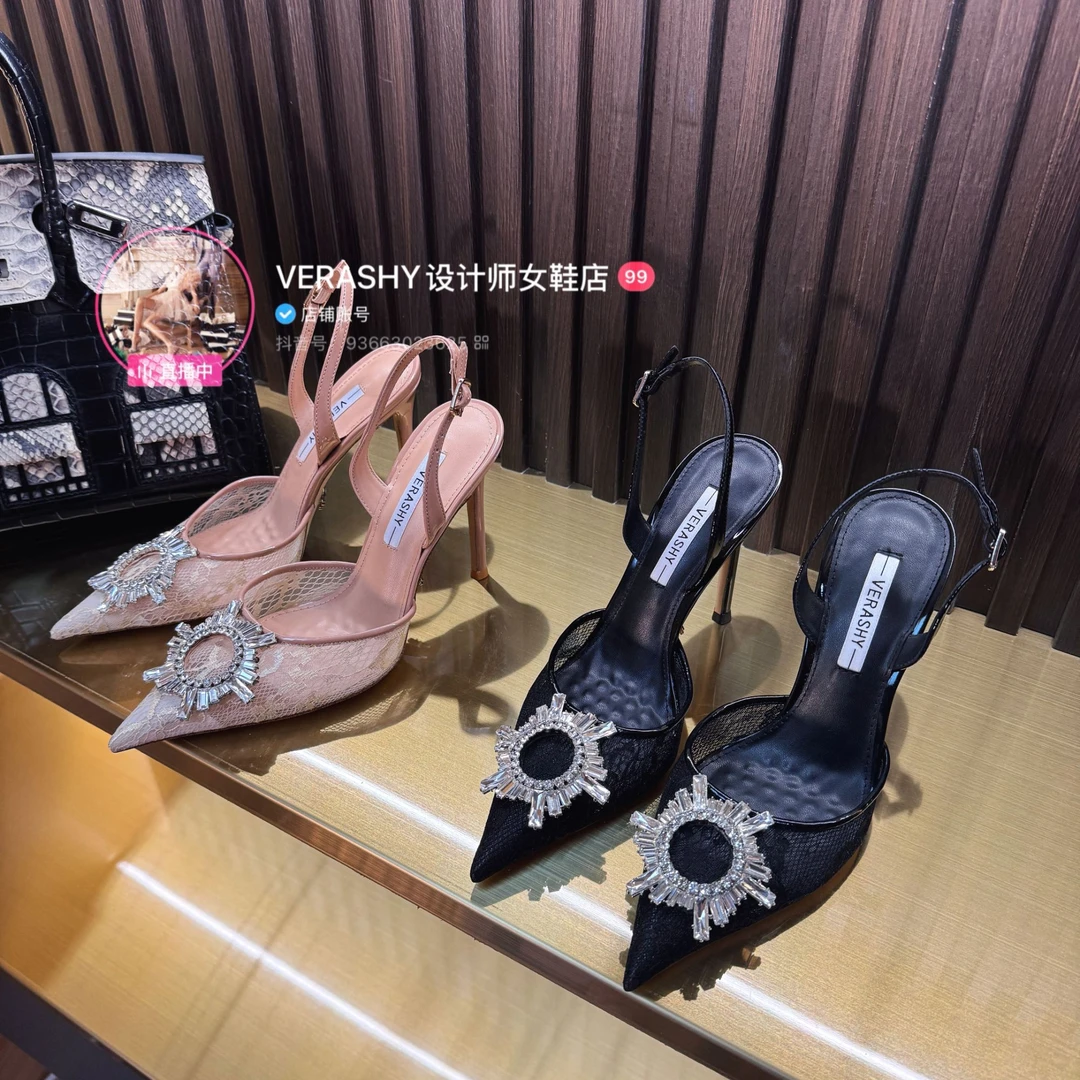 【VERSHY】高品质升级 太阳花扣蕾丝后带凉鞋高跟鞋细跟时尚单鞋女