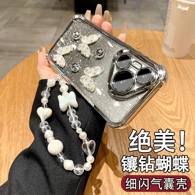 适用华为P80手机壳苹果镶钻女款荣耀OPPOvivo气囊防摔小米带挂绳