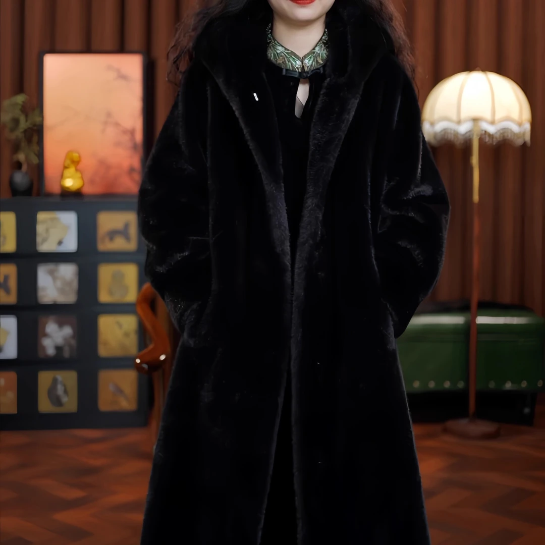 花落半歌(黑咖色）皮毛大衣高级定制连帽外套女款冬新款