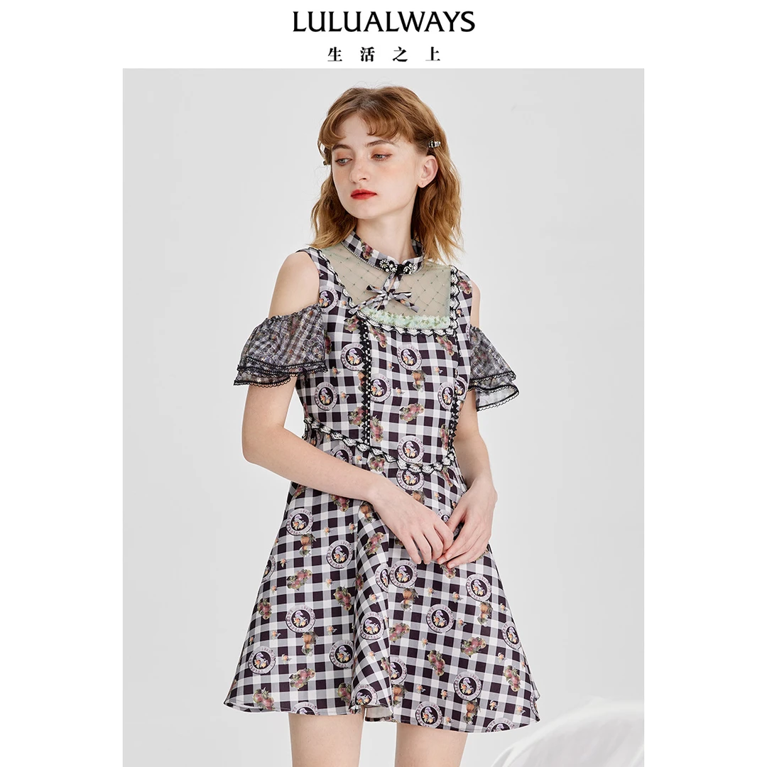 LULUALWAYS摩登复古风格纹拼接印花连衣裙女LNB512K