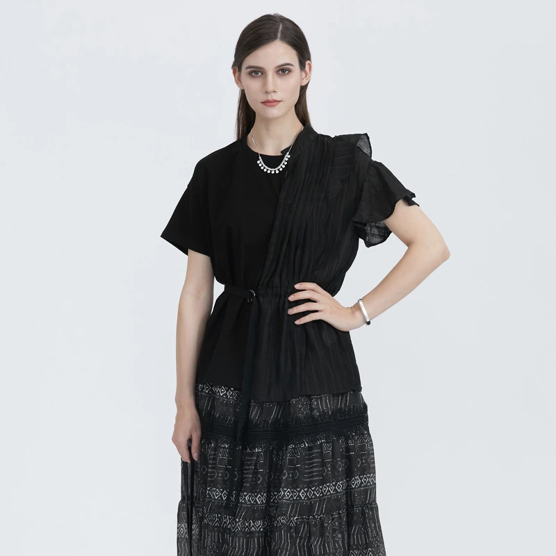 圣迪奥女装时尚休闲圆领肌理收腰拼接短袖T恤S21280118