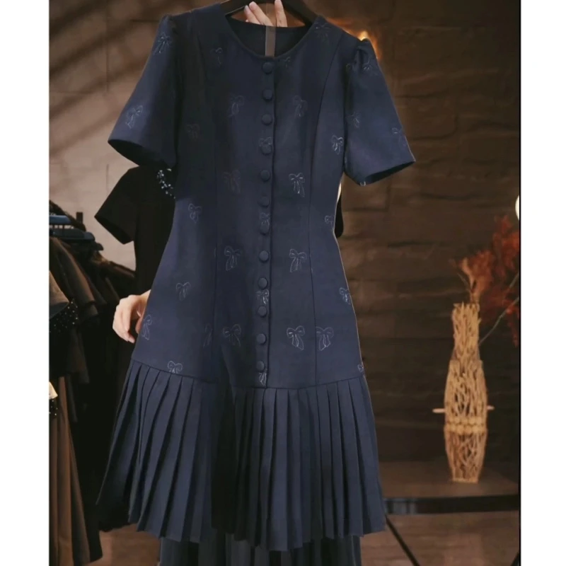 【原创大码设计师款】2025新款蝴蝶结印花百褶连衣裙K3276