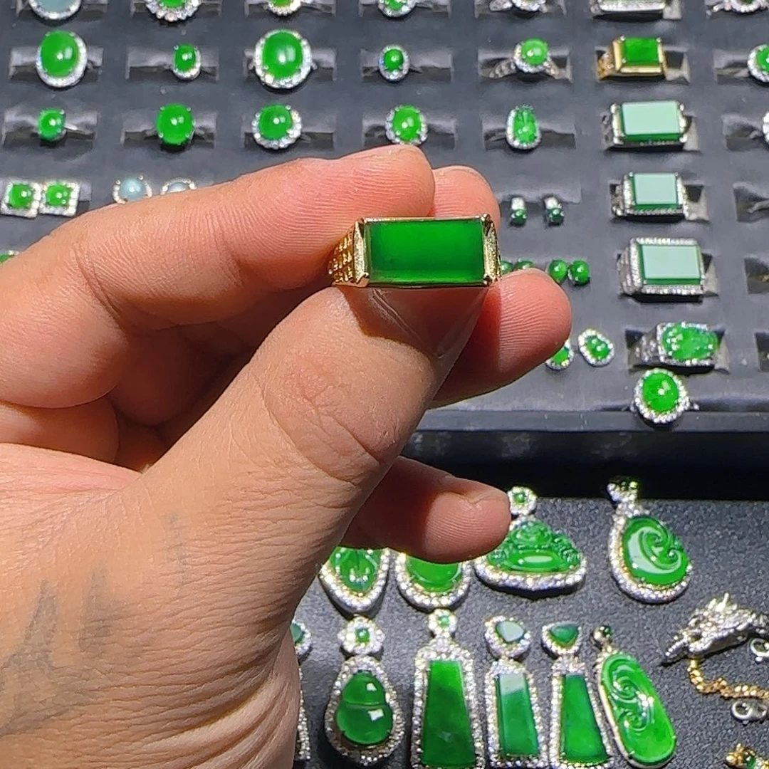 翡翠银S925镀金镶嵌戒指