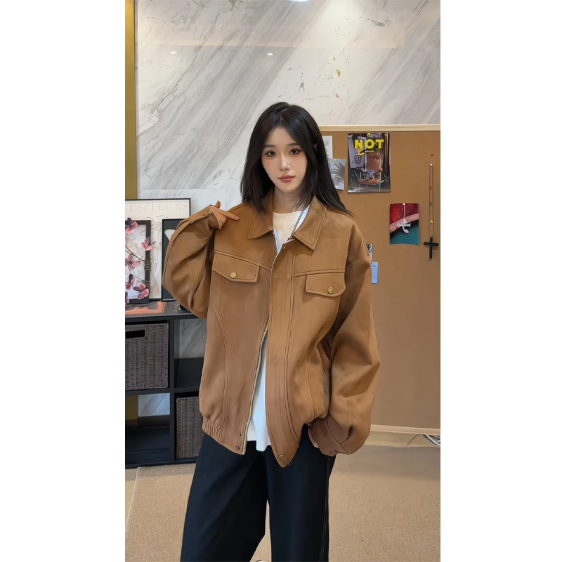 咖棕色cleanfit琥珀流光麂皮绒短款外套男秋季美式巴恩风翻领夹克