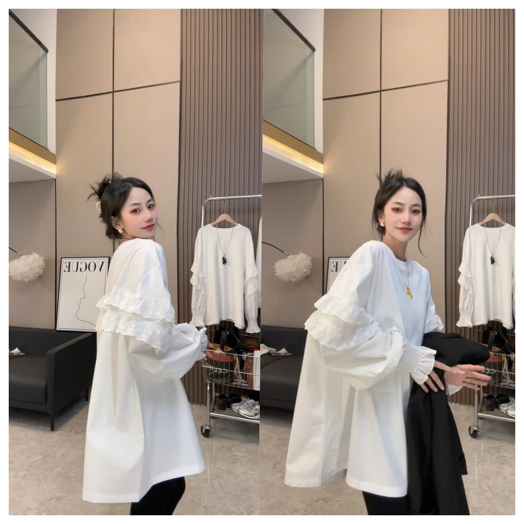 【洋气出街】春上新~时尚减龄荷叶边灯笼袖慵懒风打底衫上衣