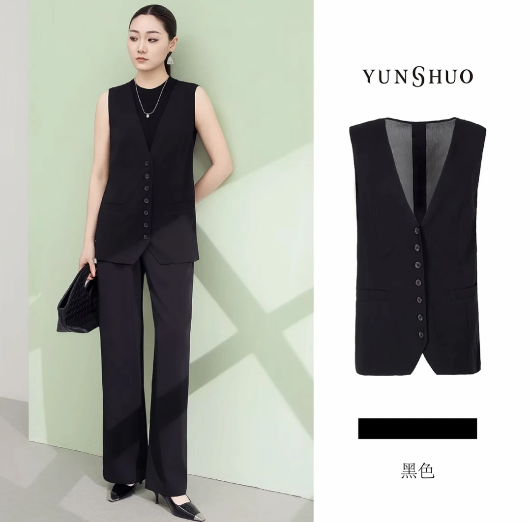 允硕新品女装时尚百搭V领无袖黑色简约直筒气质上衣马甲626111